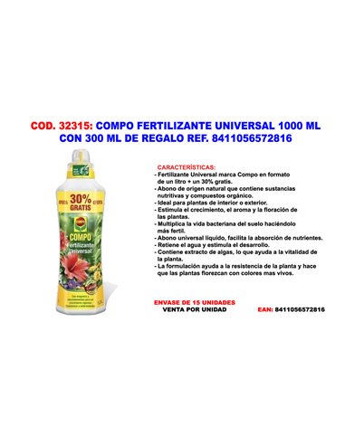 COMPO FERTILIZANTE UNIVERSAL 1000 ML+300 MLREGALO 8411056572816