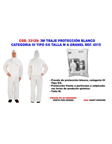 3M TRAJE PROTECCION BLANCO CATEGORIA III TIPO 5/6 M REF. 4515