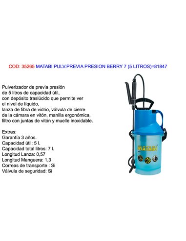 MATABI PULVERIZADOR PREVIA PRESION BERRY 7 (5 L.)81847