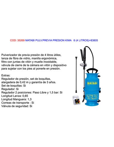 MATABI PULVERIZADOR PREVIA PRESION KIMA 6  4 L83805