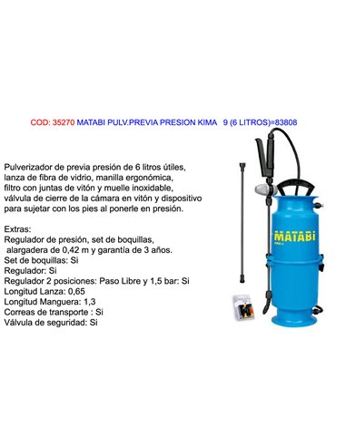 MATABI PULVERIZADOR PREVIA PRESION KIMA 9 6 L83808