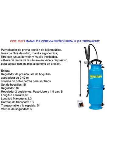 MATABI PULVERIZADOR PREVIA PRESION KIMA 12  8 L83812