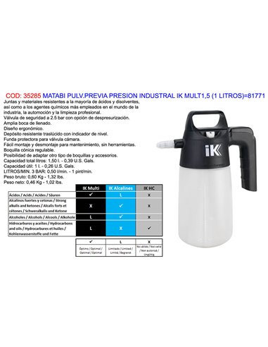 MATABI PULVERIZADOR PREVI PRESION INDUSTRAL IK MULT1,5 1 L81771