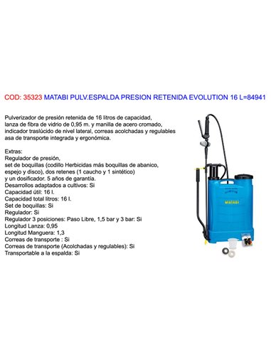 MATABI SULFATADORA PULV PRESION RETENIDA EVOLU 16 L+REGULA84941