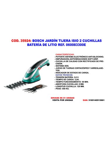 BOSCH CORTASETOS TIJERA ISIO 2 CUCHILLAS BAT LI 3,6V0600833108