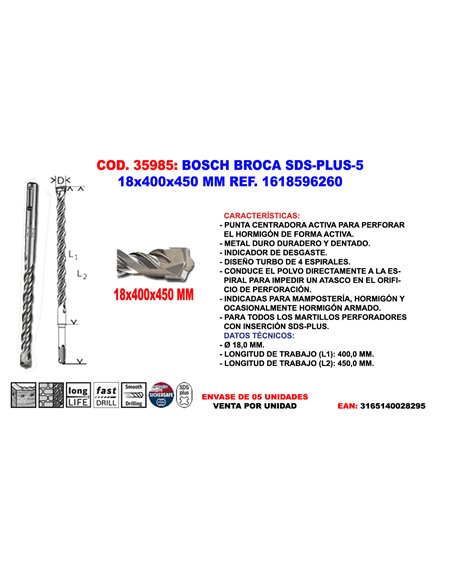 BOSCH BROCA SDS-PLUS-5 18x400x450 MM1 618 596 260