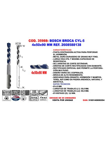 BOSCH BROCA HORMIGON CYL-5 LONGLIFE4x  50x  90 MM2 608 588 138