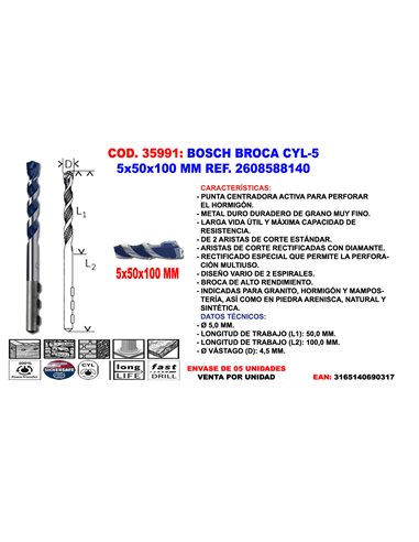 BOSCH BROCA HORMIGON CYL-5 LONGLIFE5x  50x100 MM2 608 588 140