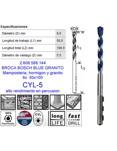 BOSCH BROCA HORMIGON CYL-5 LONGLIFE6x  50x100 MM2 608 588 144