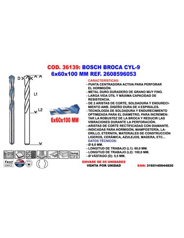 BOSCH BROCA CYL-9   6x  60x100 MM2 608 596 053 (2608900611)