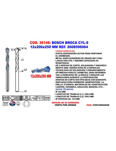 BOSCH BROCA CYL-9 12x200x250 MM2 608 596 064