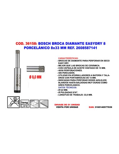 BOSCH BROCA DIAMANTE EASYDRY   8 8x33 MM PORCELANICO2608587141