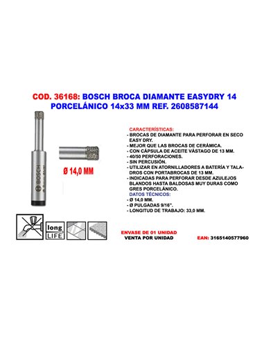 BOSCH BROCA DIAMANTE EASYDRY 1414x33 MM PORCELANICO2608587144