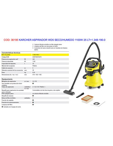 KARCHER ASPIRADOR/SOPLADOR WD5 1100W SOLID/LIQUI 25L1.628-300.0