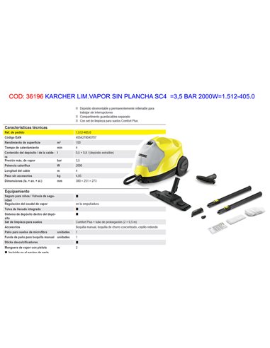 KARCHER LIM.VAPOR SIN PLANCHA SC4  3,5 BAR 2000W1.512-405.0