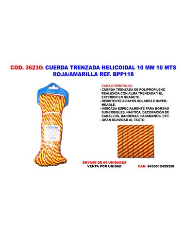 CUERDA TRENZADA HELICOIDAL 10 MM 10 MTS ROJA/AMARILLA BPP118