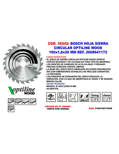 BOSCH HOJA SIERRA CIRCULAR OPTILINE WOOD 160x1,8x202608641172