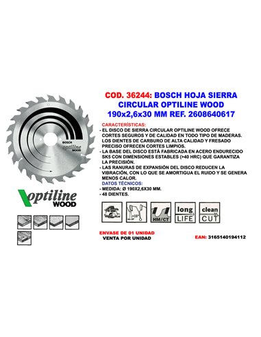 BOSCH HOJA SIERRA CIRCULAR OPTILINE WOOD 190x2,6x302608640617