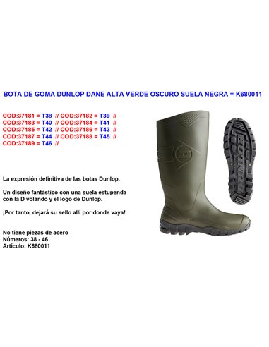 DUNLOP BOTA AGUA GOMA  VERDE CA�A ALTA DANE N� 47K680011