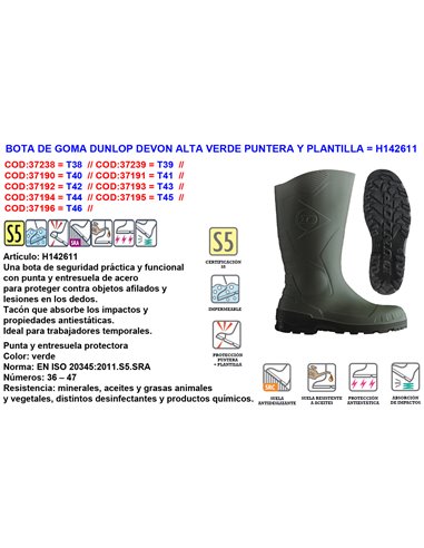 DUNLOP FINSTO BOTA AGUA GOMA VERDE PUNTER+SUELA ACERO DEVON N�40