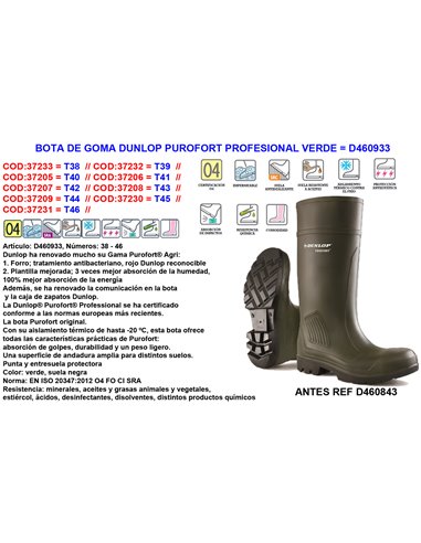 DUNLOP BOTA AGUA GOMA  PROFESIONA -20�C PUROFORT N�40460843/933