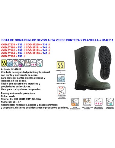 DUNLOP FINSTO BOTA AGUA GOMA VERDE PUNTER+SUELA ACERO DEVON N�38