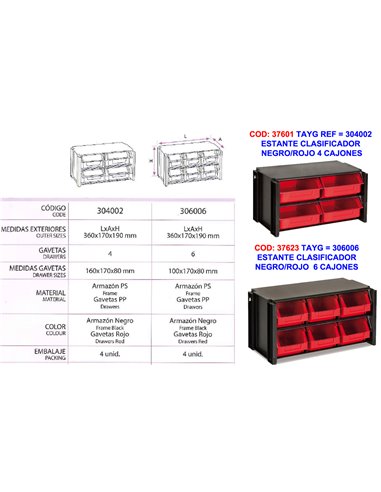 TAYG ESTANTE CLASIFICADOR NEGRO/ROJO  4 CAJONES   304002