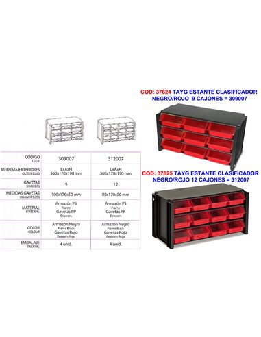 TAYG ESTANTE CLASIFICADOR NEGRO/ROJO12 CAJONES   312007