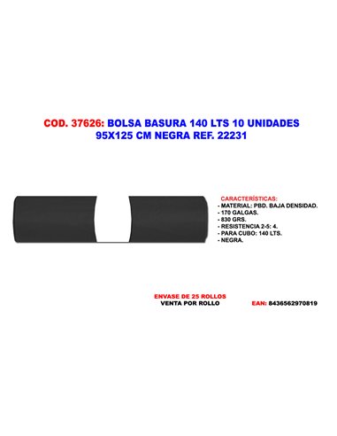 BOLSA BASURA 140 L 10 UND 95 X125 CM NEGRA REF.22231