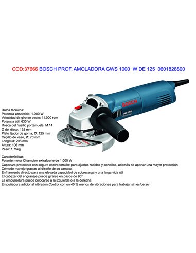 BOSCH PROF. AMOLADORA GWS 1000  W DE 125  0601828800