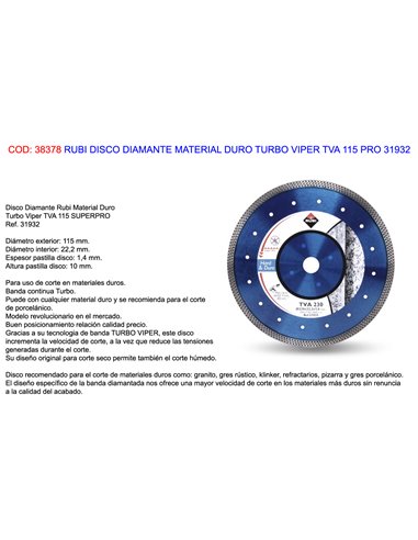 RUBI DISCO DIAMANTE MATERIAL DURO TURBO VIPER TVA 115 PRO 31932