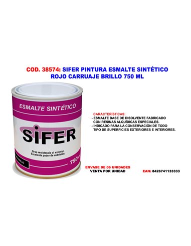 SIFER PINTURA ESMALTE SINTETICO ROJO CARRUAJE BRILLO 750 ML