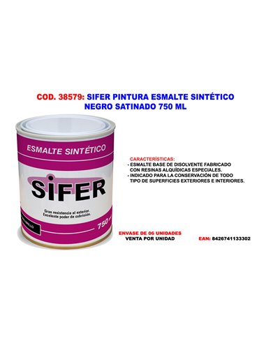 SIFER/KOLMAN PINTURA ESMALTE SINTETICO NEGRO SATINADO 750 ML