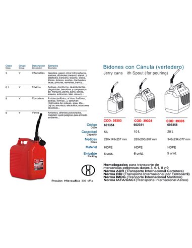 TAYG BIDON GASOLINA 10 LT+CANULA HOMOLOG.CLASE 3/6,1/8/9602351