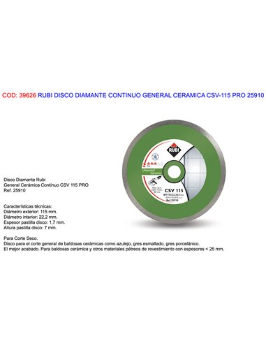 RUBI DISCO DIAMANTE CONTINUO GENERAL CERAMICA CSV-115 PRO 25910