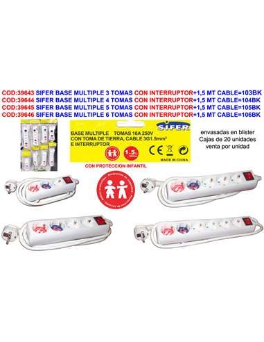 SIFER BASE MULTIPLE 6 TOMAS CON INTERRUPTOR+1,5 MT CABLE106BK