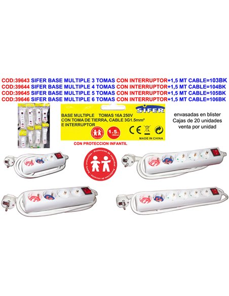 SIFER BASE MULTIPLE 6 TOMAS CON INTERRUPTOR+1,5 MT CABLE106BK