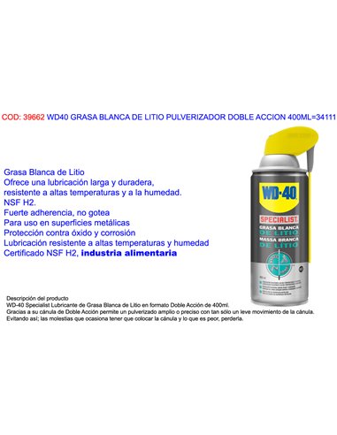 WD40 SPECIALIST GRASA BLANCA LITIO PULV DOBLE ACCION 400ML34111