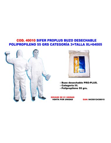 SIFER TRAJE PROTEC BUZO DESECHA POLIP.55GR CAT 3 FITOS.XL64005