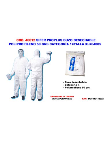 SIFER TRAJE PROTEC BUZO DESECHA POLIP.50GR CAT.1TALLA XL 64005