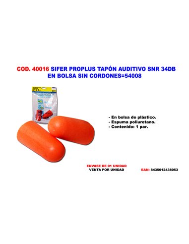 SIFER PROPLUS TAPON AUDITIVO SNR 34DB EN BOLSA SIN CORDONE54008