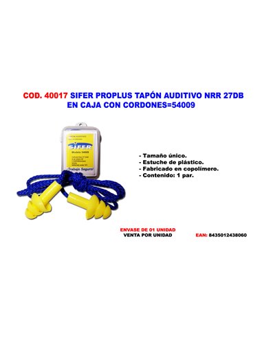 SIFER PROPLUS TAPON AUDITIVO NRR 27DB EN CAJA CON CORDONES54009