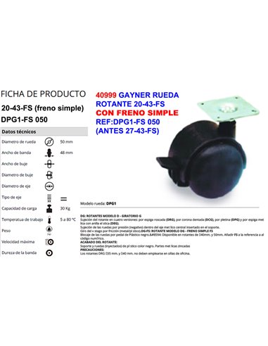 GAYNER RUEDA 20-43FSREF:DPG1 050-FS CON FRENO (ANTES 27-43FS)