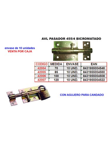 AVL PASADOR 455/4   85 MM. BICROMATADO+AGUJERO CANDADO AVAFX-85