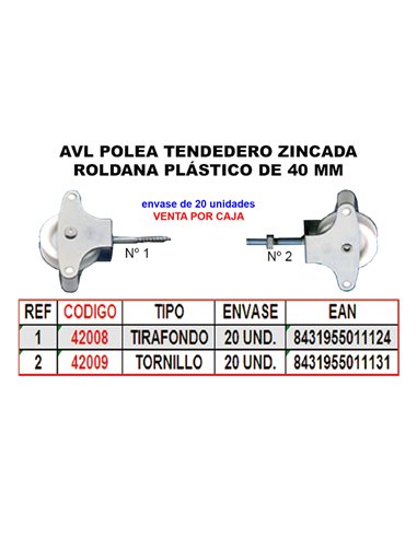 AVL POLEA TENDEDERO 1 ZINC 40MM ROLDANA PLASTICO+TIRAFONDO HR05N