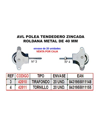 AVL POLEA TENDEDERO 4 ZINC 40 MM ROLDANA METAL+TORNILLO HR3S