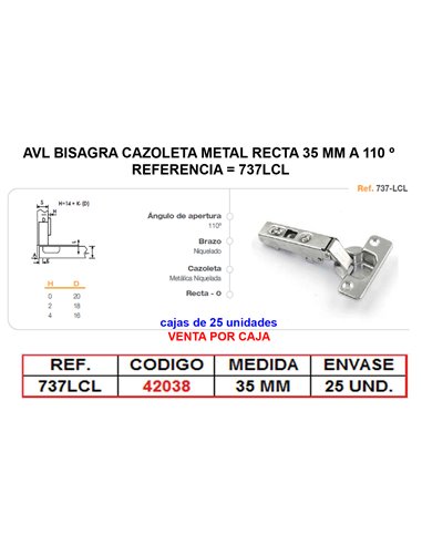 AVL BISAGRA CAZOLETA METAL RECTA 35 MM A 110 � CLIP ON 737LCL