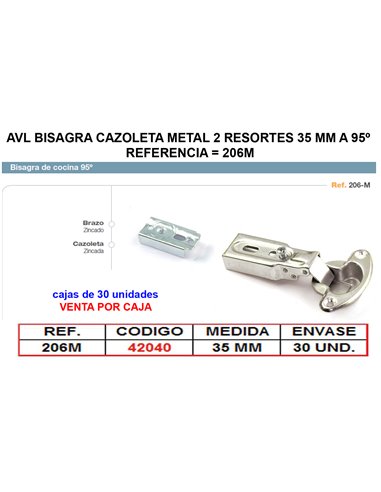 AVL BISAGRA CAZOLETA METAL 2 RESORTES 35 MM A 95� 206M