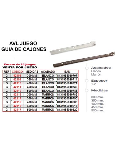 AVL GUIA CAJONES 300 MM BLANCA   JUEGO REF-G