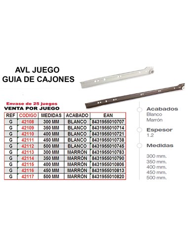 AVL GUIA CAJONES 350 MM BLANCA   JUEGO REF-G